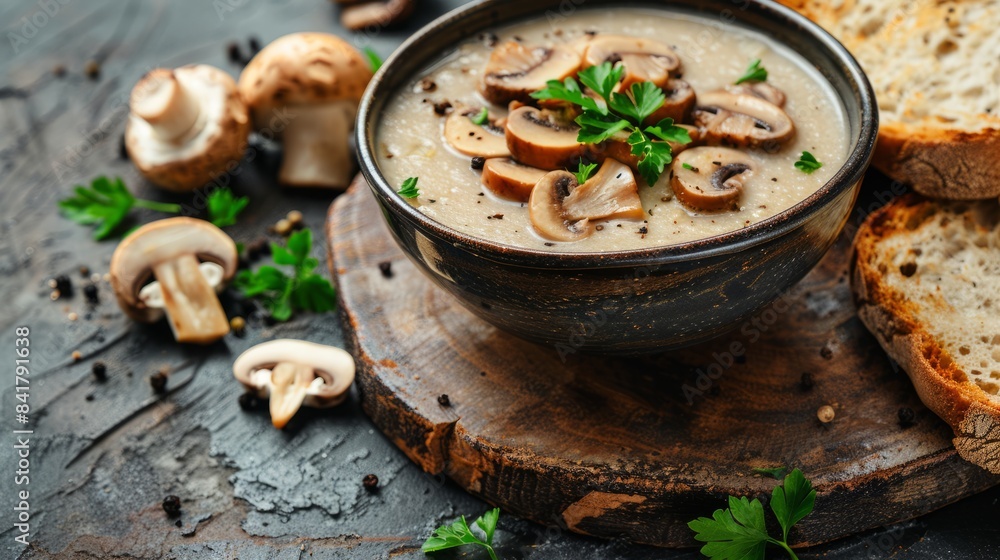 Creamy mushroom soup, a menu item for restaurant advertisement. Creamy mushroom soup, a menu item for restaurant advertisement.