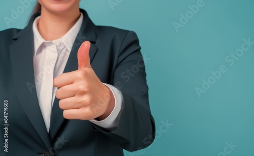 Businesswoman Giving Thumbs Up in Blue Studio