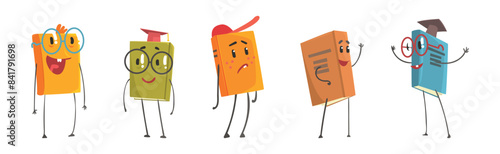 Cute Humanized Book Character in Hard Cover with Arm and Legs Vector Set