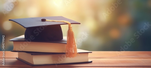 Graduation Cap and Books on Wooden Table With Blurred Background