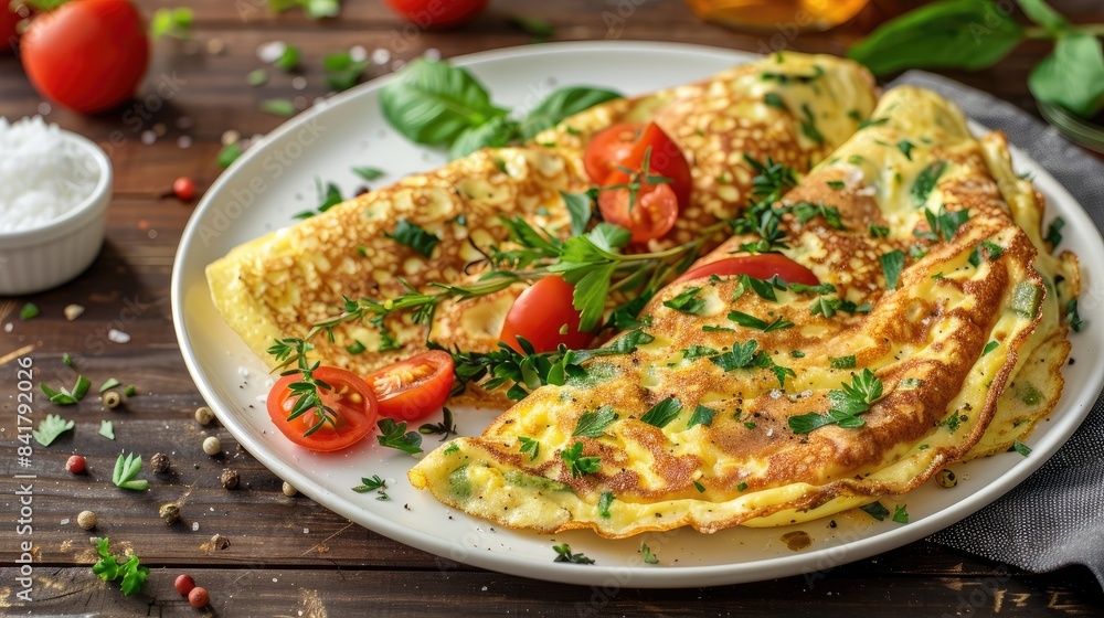 Fried omelet with vegetables and herbs served on a white plate on a wooden table Fried omelet with vegetables and herbs served on a white plate on a wooden table