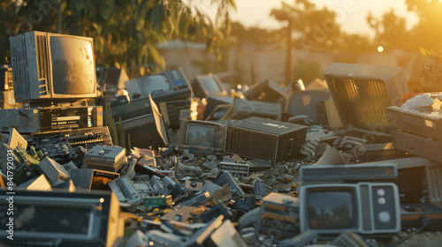 A recycling center laden with outdated, bulky electronics during sunset, highlighting the challenge of managing electronic waste. photo