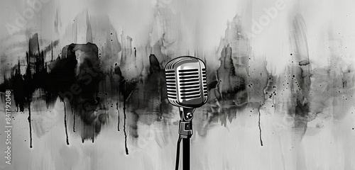 A Black And White Photo Of A Microphone In Front Of An Abstract Background