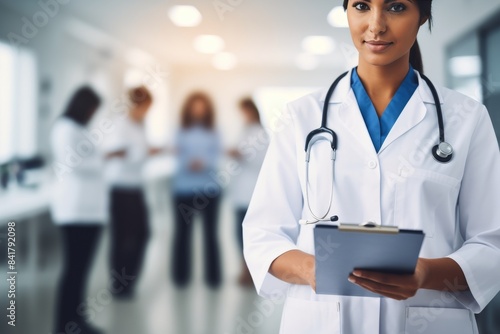 Smiling Female Nurse Leading Group of Medical Professionals Down Hospital Cor...