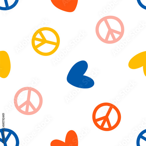 Seamless pattern with colorful hearts and peace symbols