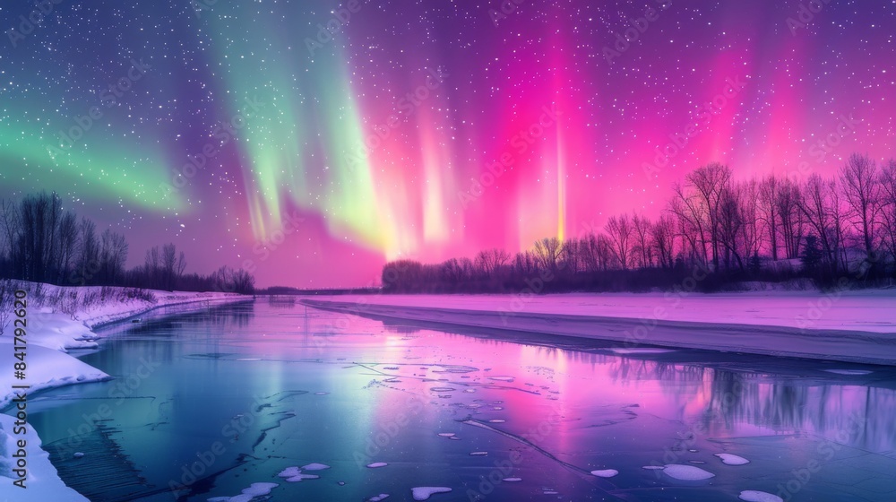 A frozen river reflecting the shimmering colors of the aurora borealis, creating a mirror-like effect on the water's surface. A frozen river reflecting the shimmering colors of the aurora borealis, creating a mirror-like effect on the water's surface.
