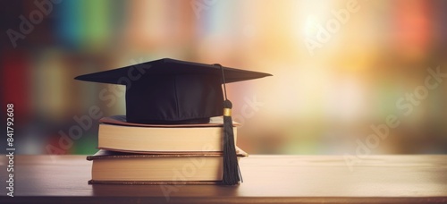 Graduation Cap and Books on Wooden Table With Blurred Background