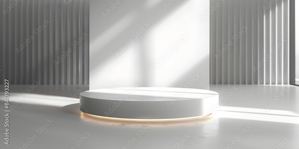 Matte white podium with subtle lighting, set against a blurred background of a minimalist interior, perfect for modern decor items or sleek tech products Matte white podium with subtle lighting, set against a blurred background of a minimalist interior, perfect for modern decor items or sleek tech products