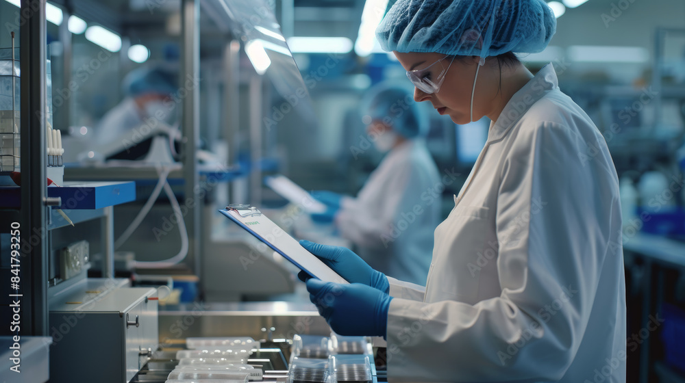 A focused medical professional in scrubs and hairnet examines a clipboard in a high-tech laboratory setting, signifying precision and diligence. A focused medical professional in scrubs and hairnet examines a clipboard in a high-tech laboratory setting, signifying precision and diligence.