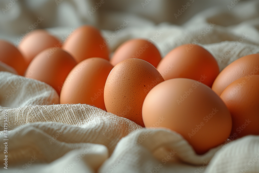 Fresh brown eggs nestled in a soft white cloth Fresh brown eggs nestled in a soft white cloth