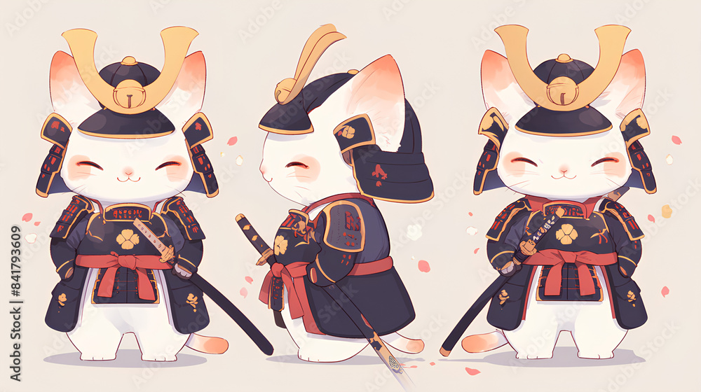 Naklejka premium Cute cat mascot wearing Japanese samurai clothes on a simple background
