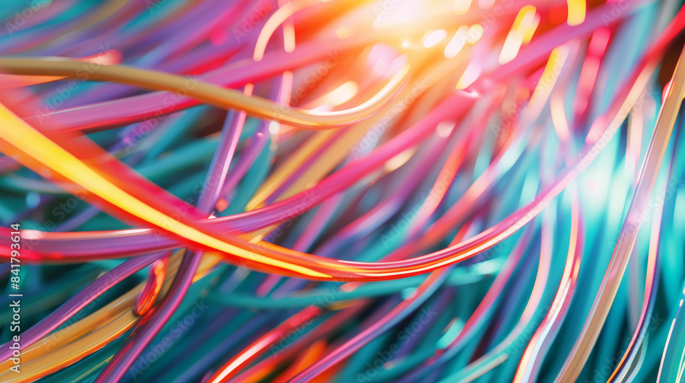 Tangled, colorful cables twist with vibrancy under bright illumination, creating an abstract explosion of color and motion. Tangled, colorful cables twist with vibrancy under bright illumination, creating an abstract explosion of color and motion.