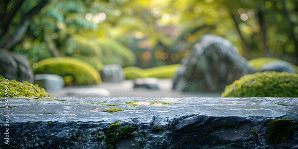 Fototapeta premium Natural stone surface under soft lighting, against a blurred background of a tranquil Japanese garden, suitable for wellness products or Zen-inspired decor 