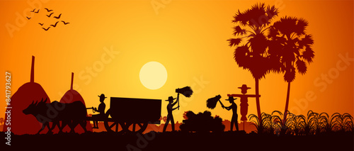 country life of Asia man harvest rice and another move rice by cart on sunrise time,silhouette style,vector illustration