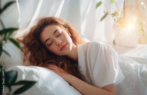 Woman Sleeping in Bed With White Bedding and Sheer Curtains