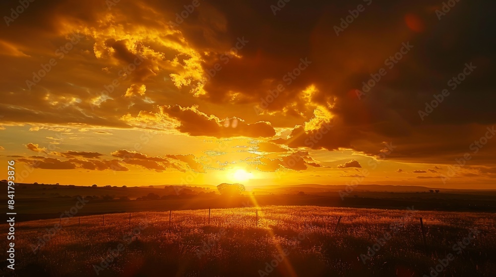 A golden sunset over a rural landscape, with fiery clouds ablaze with color, casting a warm glow over the countryside.