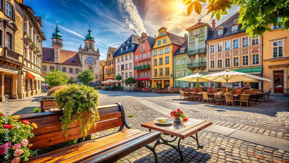 Fototapeta premium Vibrant european city street scene on a sunny summer day with historic buildings, quaint cafes, and a map lying on a bench, awaiting discovery.