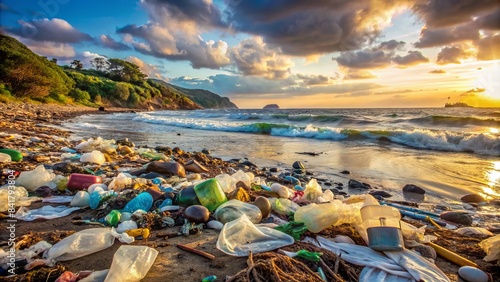 Seaside landscape with scattered plastic waste and trash bags, emphasizing the urgent need for ocean conservation and environmental protection. photo