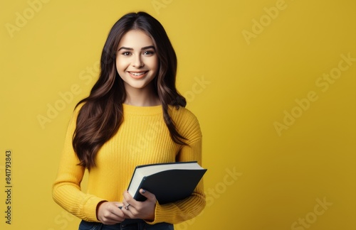 Smiling Young Woman Holding Book In Front Of Yellow Background