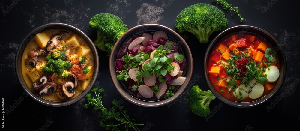 Three Different Bowls of Soup With Fresh Herbs and Bread on a Black Background Three Different Bowls of Soup With Fresh Herbs and Bread on a Black Background