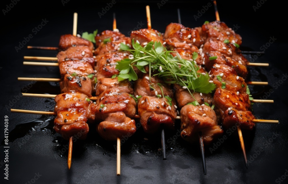 Grilled Pork Yakitori Skewers With Green Onions and Glaze on Black Plate Grilled Pork Yakitori Skewers With Green Onions and Glaze on Black Plate