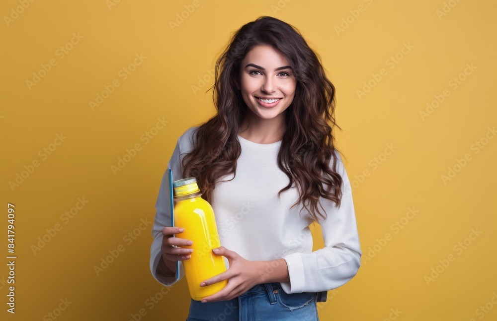 Young Woman Holding Yellow Juice Bottle Against Yellow Background Young Woman Holding Yellow Juice Bottle Against Yellow Background