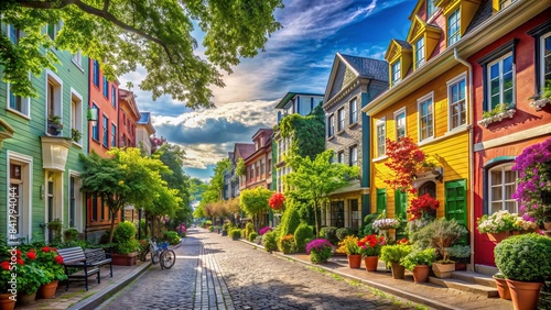 Vibrant city street scene with colorful buildings and lush greenery, capturing the essence of friendship and summertime joy.