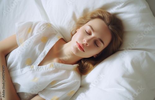 Woman Sleeping in Bed With White Bedding and Sheer Curtains