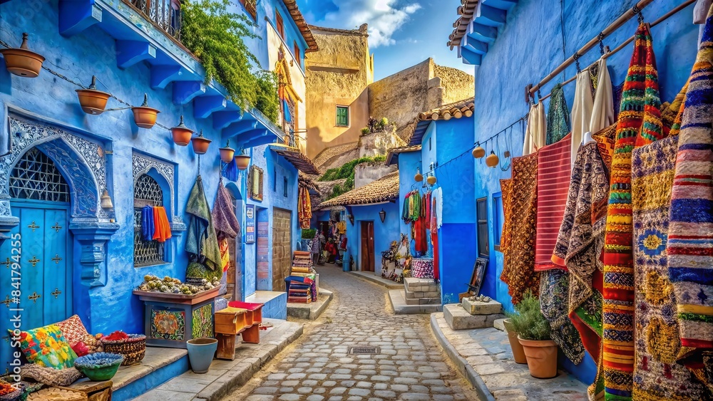 Fototapeta premium Vibrant blue-painted streets of chefchaouen, morocco, radiate warmth, showcasing ancient architecture, decorative tiles, and colorful vendor stalls, evoking a sense of exotic travel adventure.