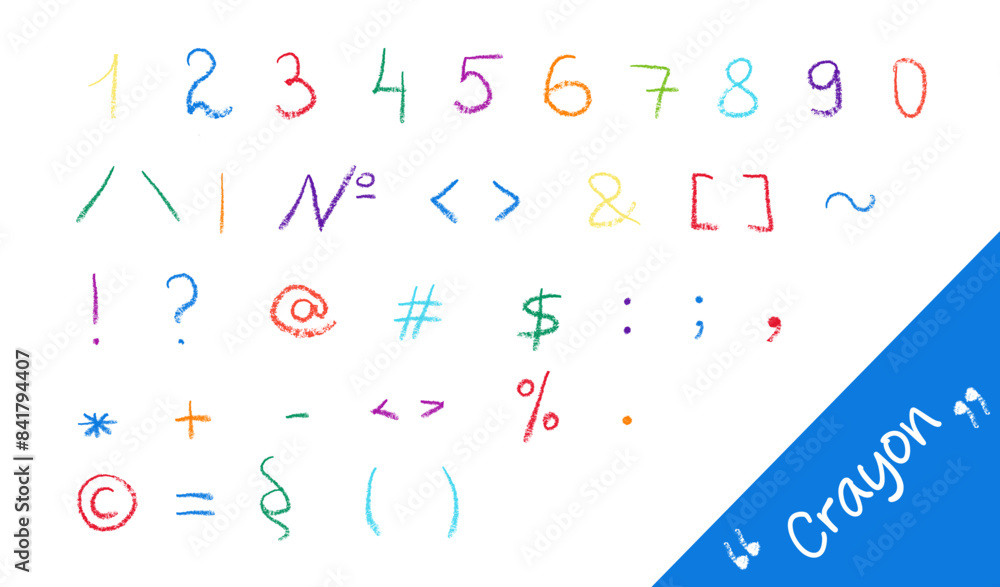 Vector wax crayon numbers in doodle drawn scribble texture style. Editable color letters in childish style for school and other designs