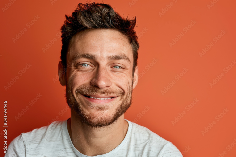 A close up portrait of a young man with a subtle smile A close up portrait of a young man with a subtle smile