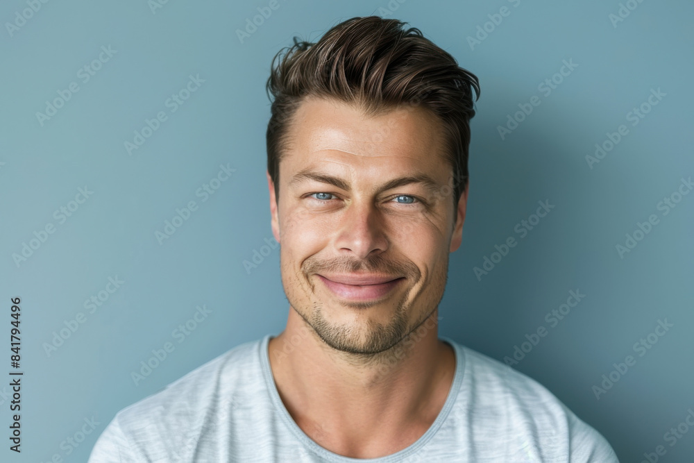 A close up portrait of a young man with a subtle smile A close up portrait of a young man with a subtle smile