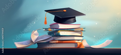 Graduation Cap Atop Stack of Books Against Blue Background