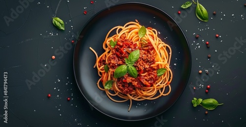 Overhead View of Spaghetti With Bolognese Sauce and Basil on a Black Plate