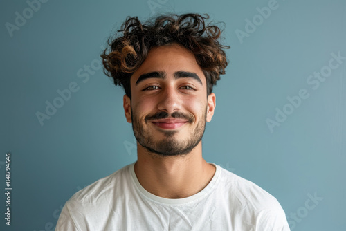 A close up portrait of a young man with a subtle smile