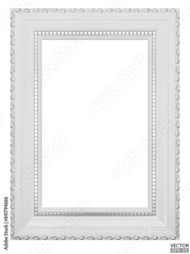 Realistic white wooden vintage frame isolated on white background.  Rectangle frames mockup. Classic Photo wooden frame. White border for painting, poster, and photo gallery. 3d vector illustration.