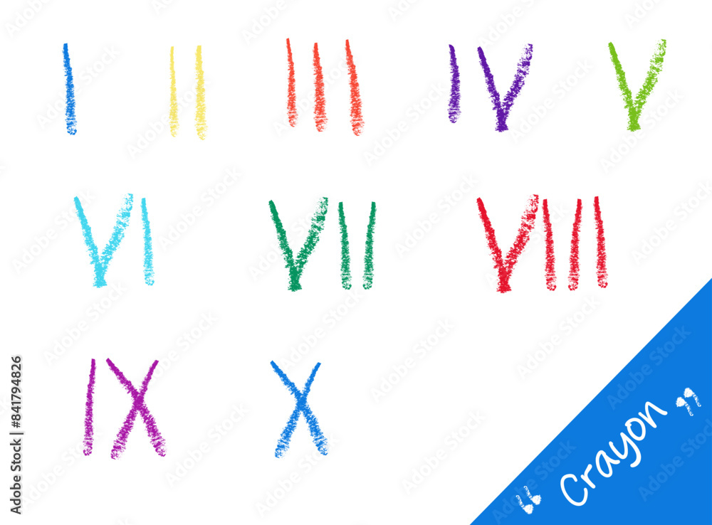 Vector wax crayon roman numerals in doodle drawn scribble texture style. Editable color letters in childish style for school and other designs Vector wax crayon roman numerals in doodle drawn scribble texture style. Editable color letters in childish style for school and other designs