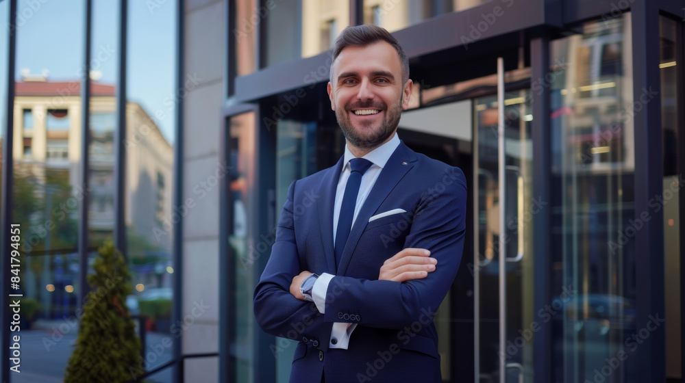 A smiling young professional standing outside a modern building, arms crossed, exuding confidence and a positive attitude in a tailored suit. A smiling young professional standing outside a modern building, arms crossed, exuding confidence and a positive attitude in a tailored suit.