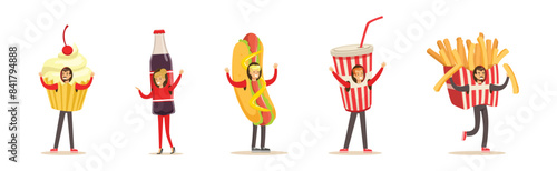 People Character Wearing Fast Food Costume Vector Set