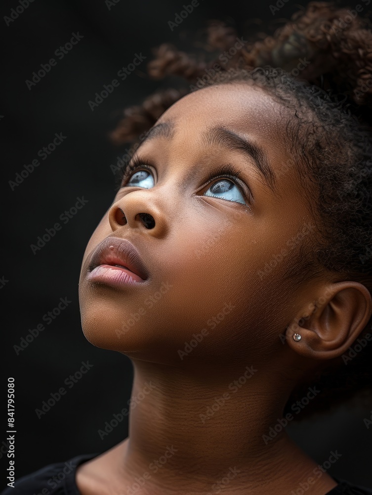 African American girl, 9 years old. She's looking up, uhd image, dramatic contrast, hyperrealistic, detailed, fashion shoot, slight pink reflective light African American girl, 9 years old. She's looking up, uhd image, dramatic contrast, hyperrealistic, detailed, fashion shoot, slight pink reflective light