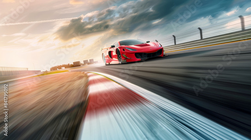 A sleek red sports car takes a sharp turn on a racetrack, capturing the thrill and high-speed intensity of the moment under a dynamic sky. photo