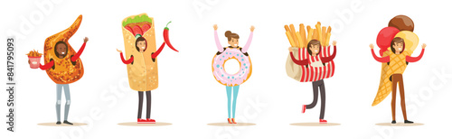 People Character Wearing Fast Food Costume Vector Set