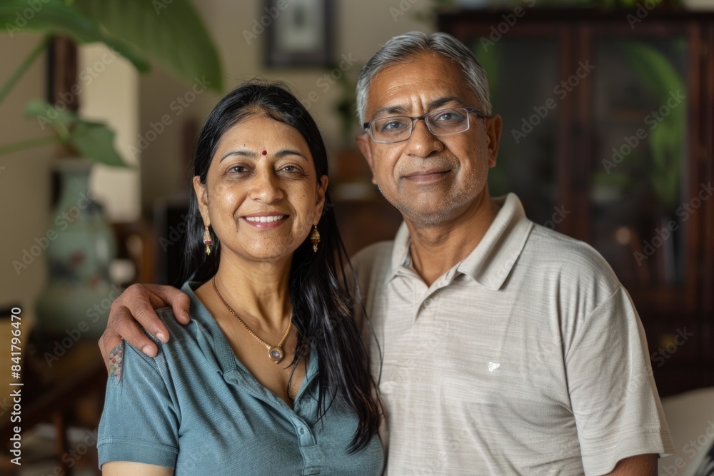 Portrait of a content indian couple in their 30s wearing a breathable golf polo isolated on serene meditation room Portrait of a content indian couple in their 30s wearing a breathable golf polo isolated on serene meditation room