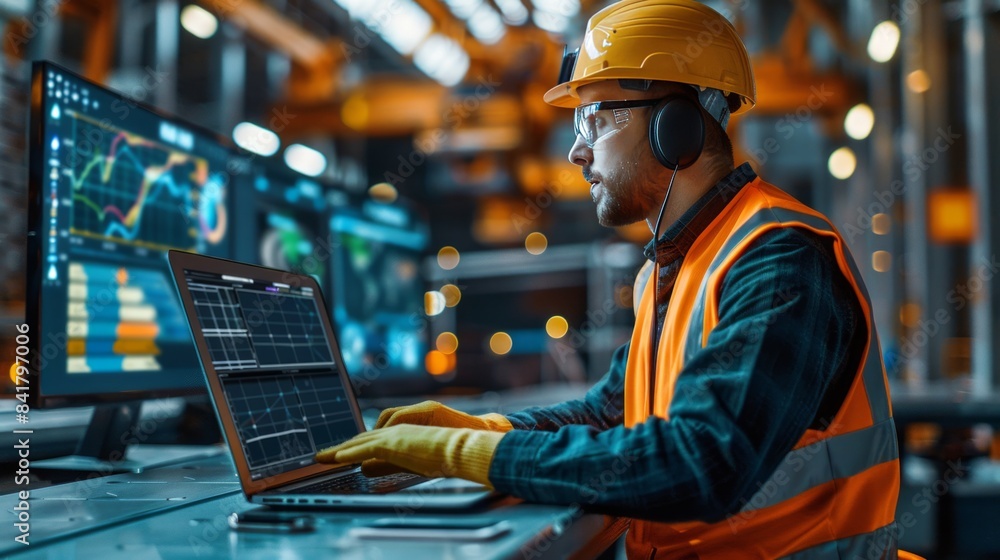 Male industrial engineer with a helmet working at a computer Male industrial engineer with a helmet working at a computer