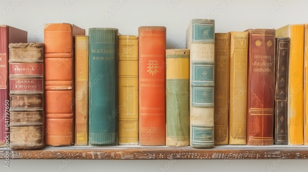 A close-up shot of books neatly arranged on a library shelf, leaving space between the books for adding text or graphics A close-up shot of books neatly arranged on a library shelf, leaving space between the books for adding text or graphics