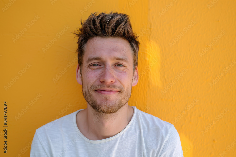 A close up portrait of a young man with a subtle smile A close up portrait of a young man with a subtle smile