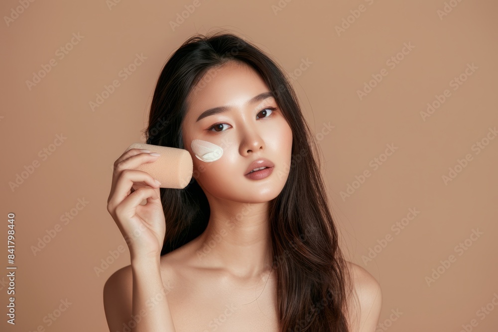 Skincare concept, beauty concept, young beautiful Asian long-haired woman using green beauty products on a beige background, holding a makeup brush and skin cream. Skincare concept, beauty concept, young beautiful Asian long-haired woman using green beauty products on a beige background, holding a makeup brush and skin cream.