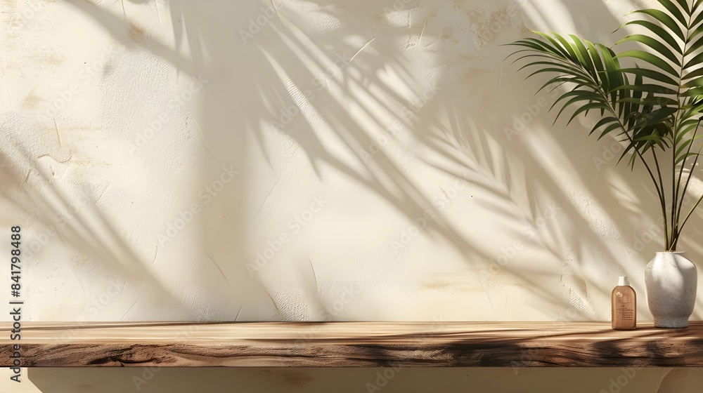 Blank brown wooden counter table in soft sunlight, leaf shadow on beige texture wallpaper wall for luxury organic cosmetic, skincare, beauty, body care, treatment product display background 3D Blank brown wooden counter table in soft sunlight, leaf shadow on beige texture wallpaper wall for luxury organic cosmetic, skincare, beauty, body care, treatment product display background 3D