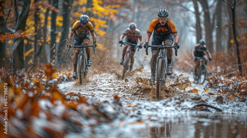 Cyclocross in Action: Depict an exciting cyclocross event with riders on advanced bikes navigating obstacles and muddy terrain. 