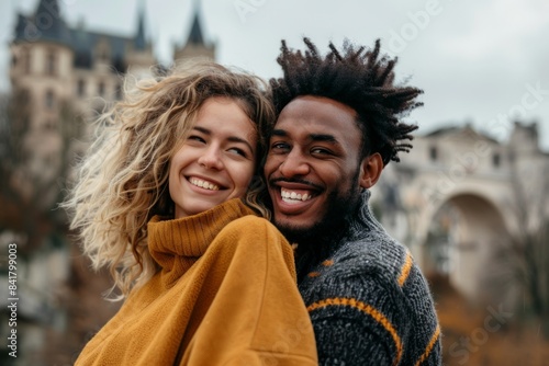 Portrait of a joyful multicultural couple in their 30s wearing a thermal fleece pullover isolated in backdrop of a grand castle